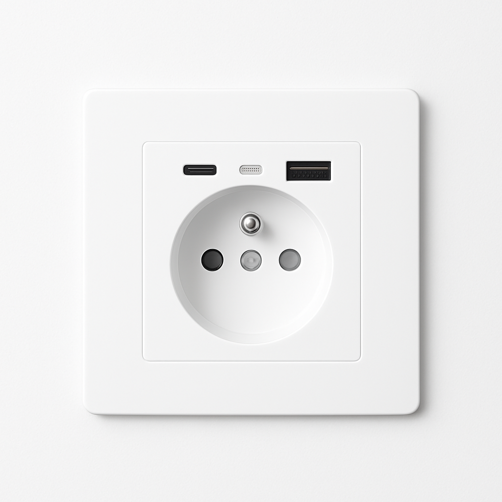 Prise électrique et double USB et USB type C en acier blanc mat bords arrondis