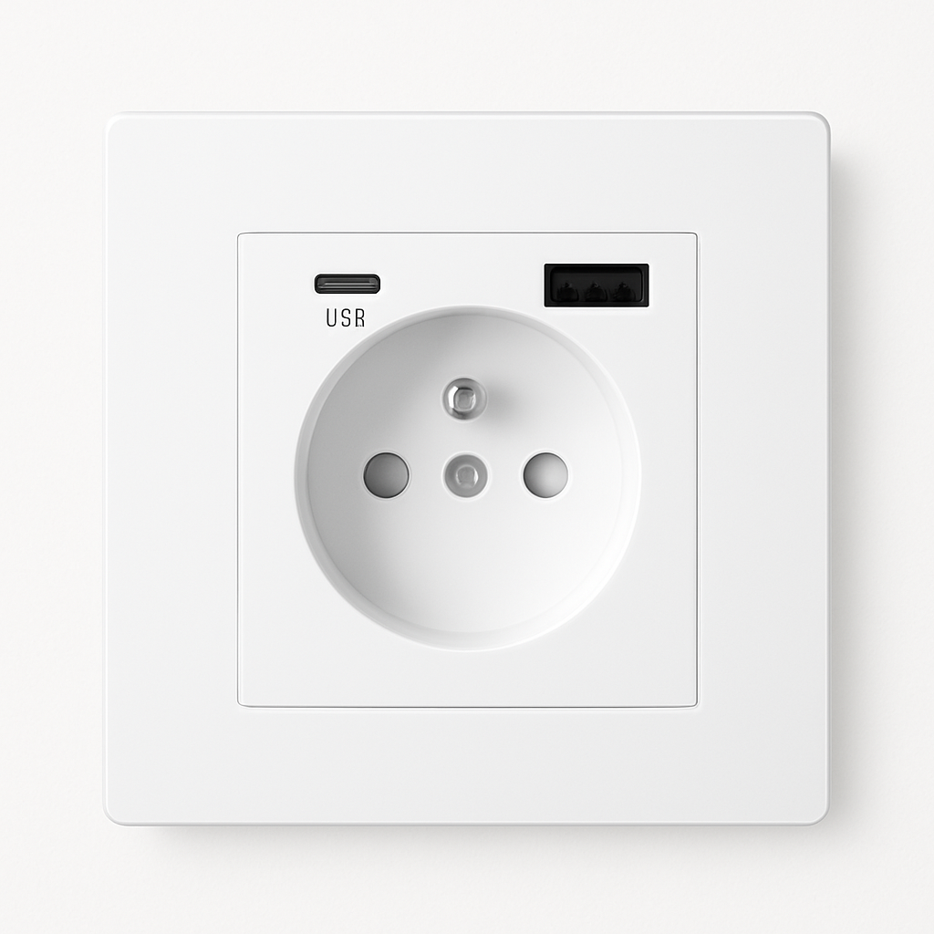 Prise électrique et double USB et USB type C en acier blanc mat bords arrondis