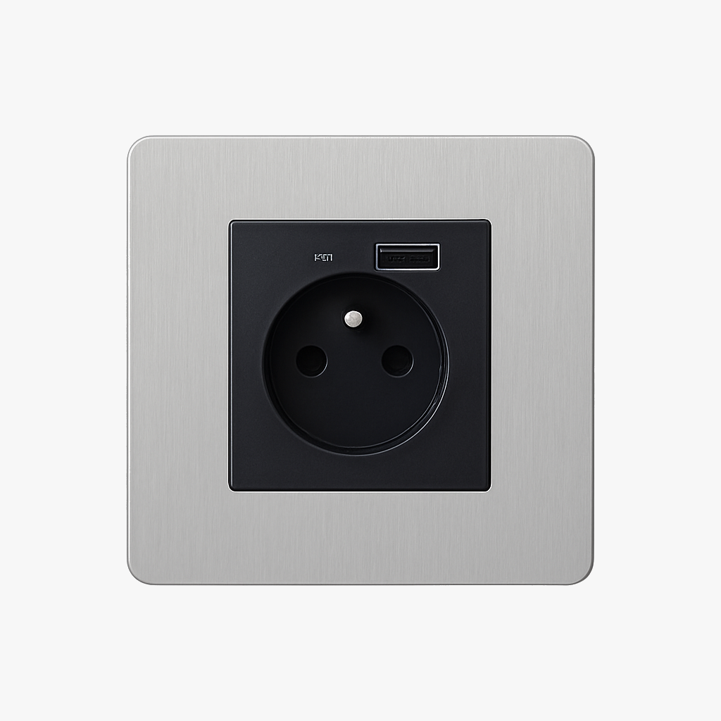 Prise électrique et double USB et USB type C en acier gris clair brossé bords arrondis