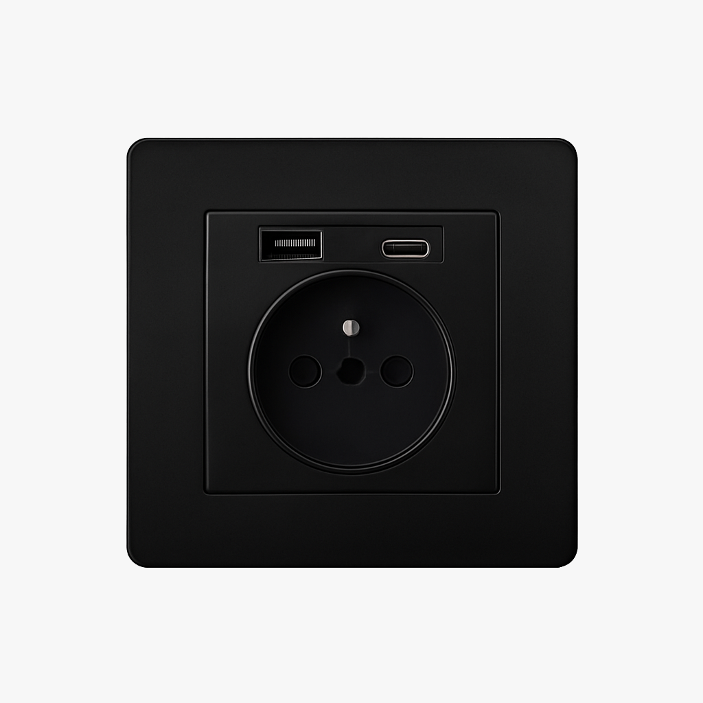Prise électrique et double USB et USB type C en acier noir mat