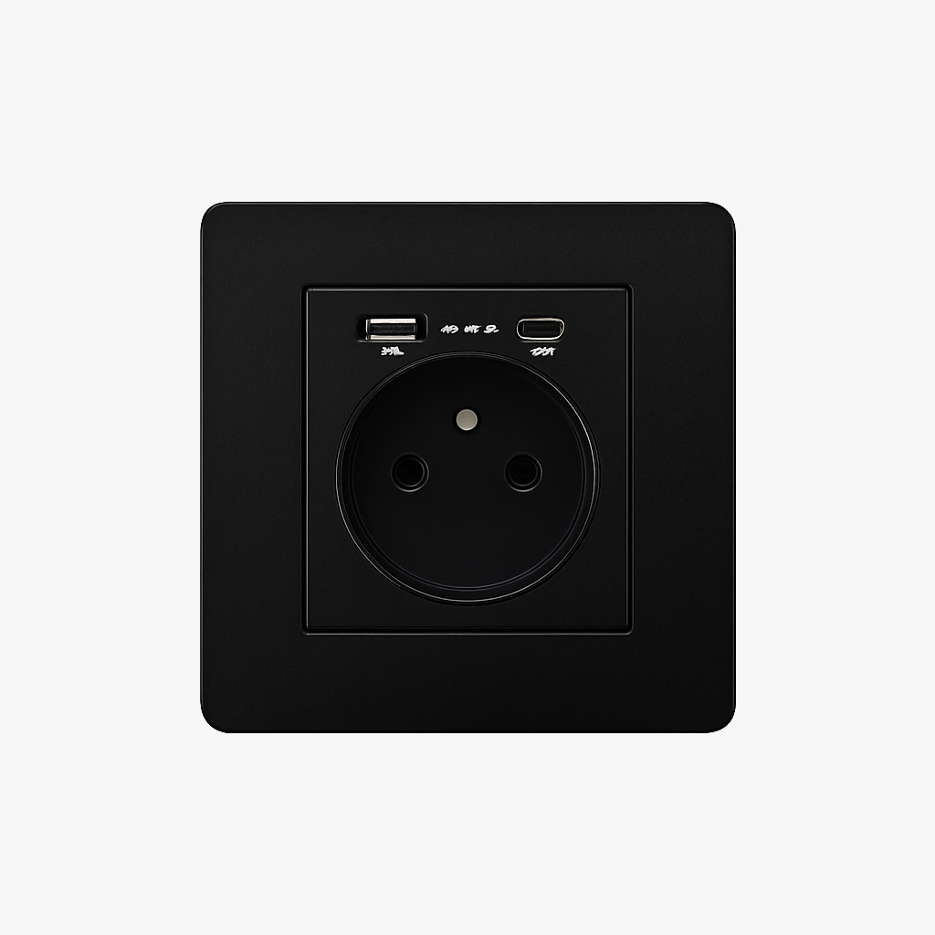 Prise électrique et double USB et USB type C en acier noir mat bords arrondis