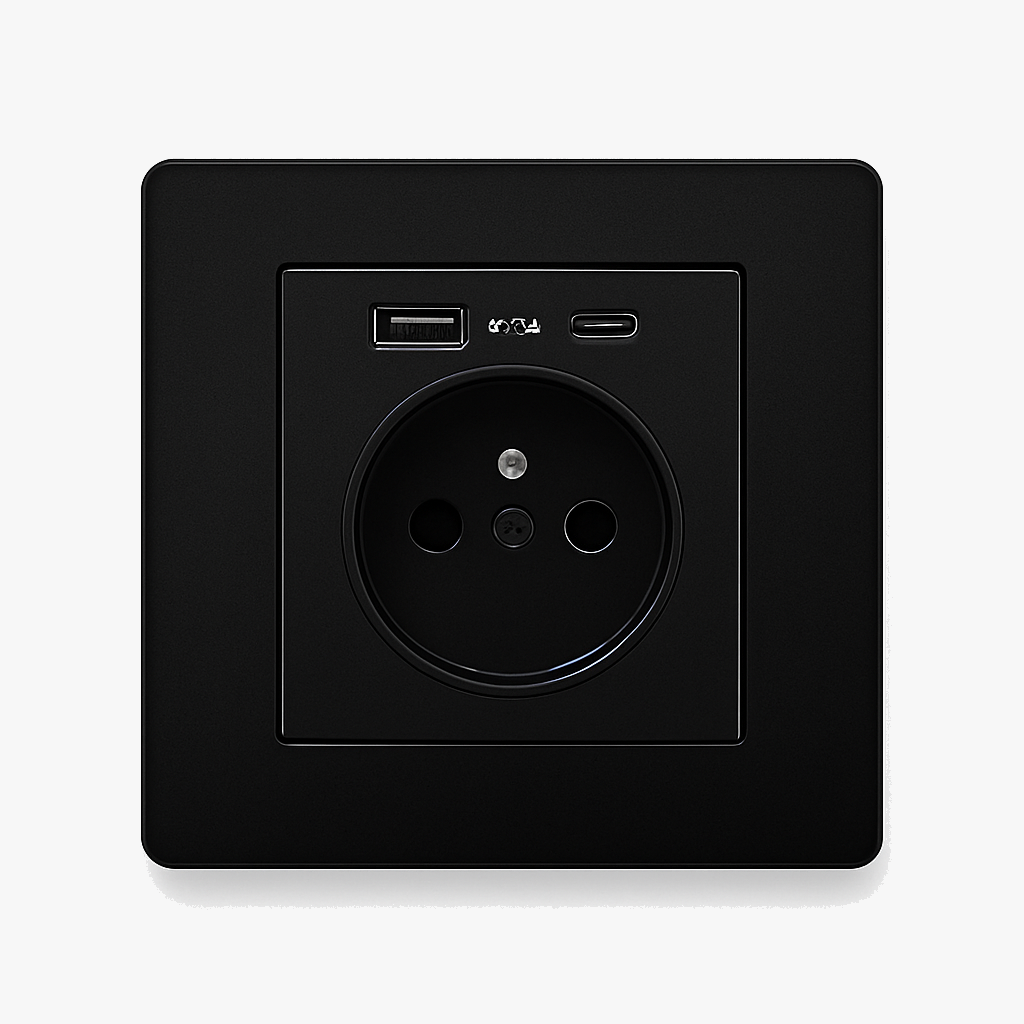 Prise électrique et double USB et USB type C en acier noir mat bords arrondis