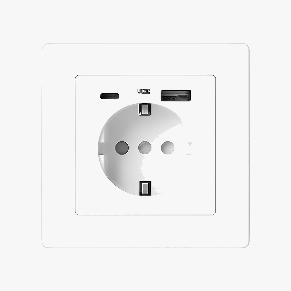 Prise électrique et double USB et USB type C (Europe) en acier blanc mat bords arrondis