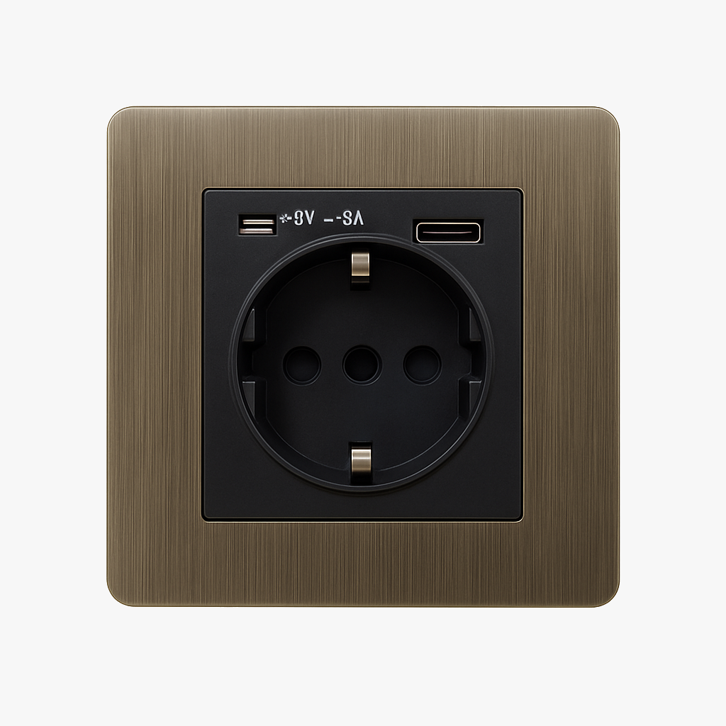 Prise électrique et double USB et USB type C (Europe) en acier gris brossé bords arrondis