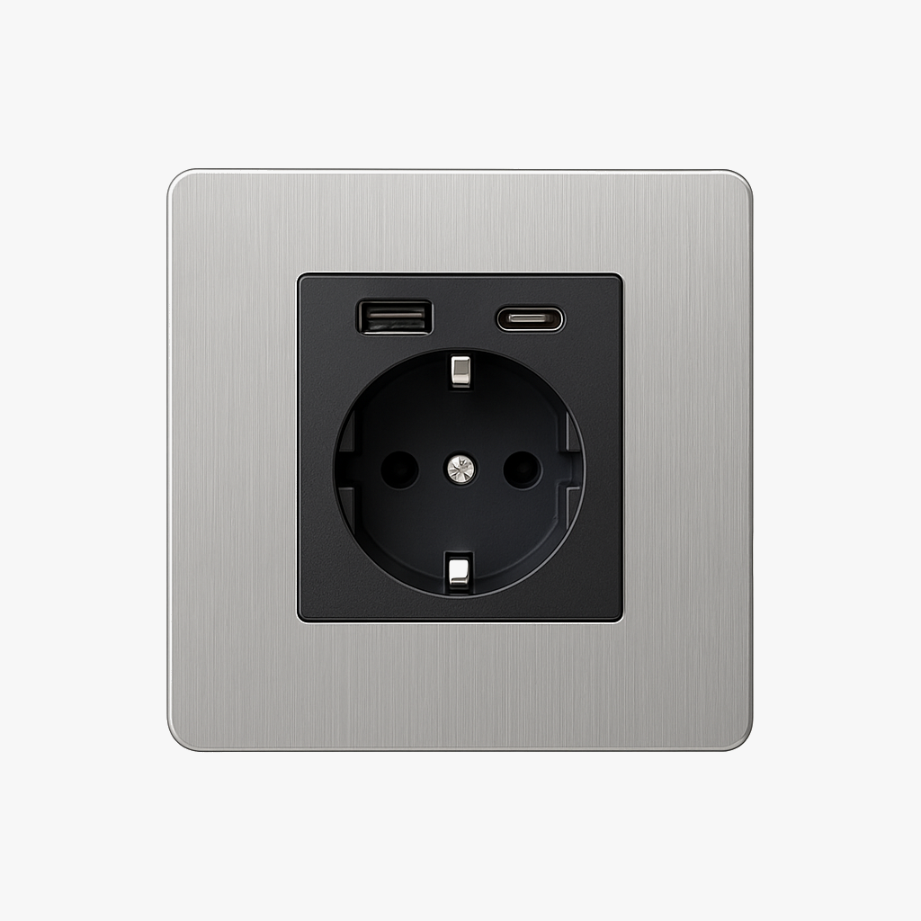 Prise électrique et double USB et USB type C (Europe) en acier gris clair brossé bords arrondis