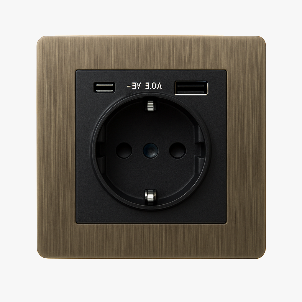Prise électrique et double USB et USB type C (Europe) en acier gris vieilli brossé bords arrondis