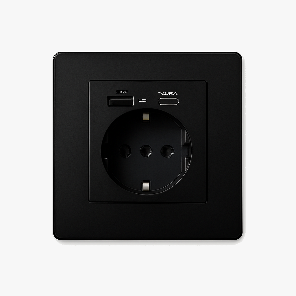 Prise électrique et double USB et USB type C (Europe) en acier noir mat bords arrondis