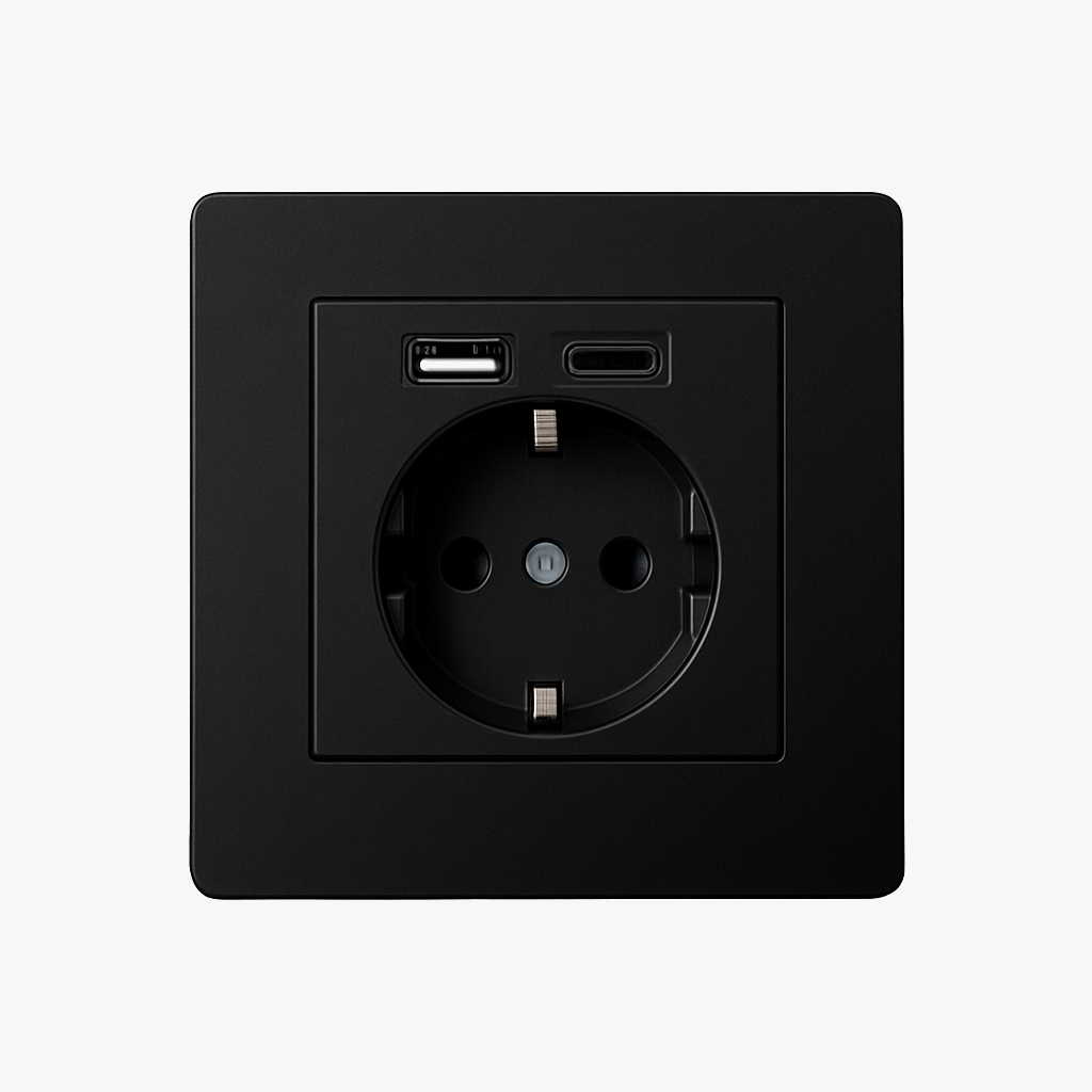 Prise électrique et double USB et USB type C (Europe) en acier noir mat bords arrondis