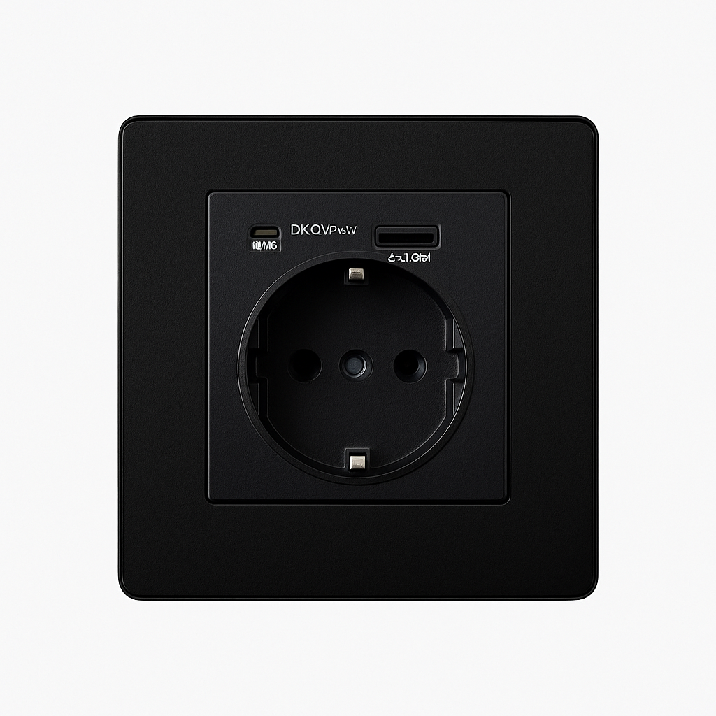 Prise électrique et double USB et USB type C (Europe) en acier noir mat bords arrondis