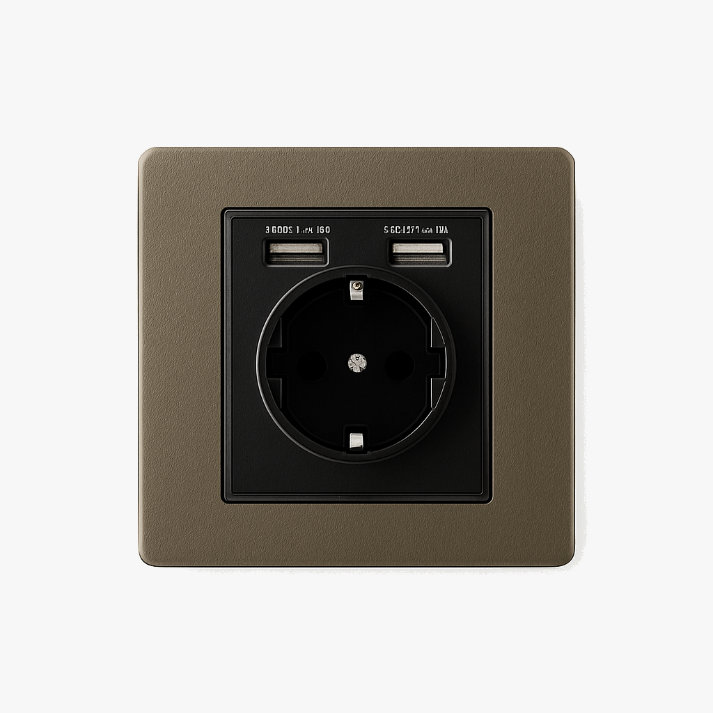 Prise électrique et double USB (Europe) en acier bronze vieilli bords arrondis