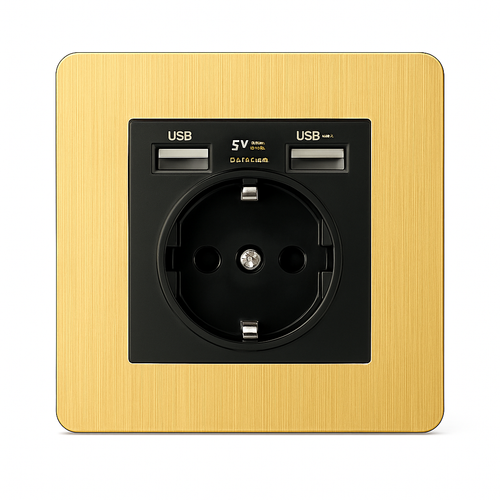 Prise électrique et double USB (Europe) en acier doré brossé bords arrondis