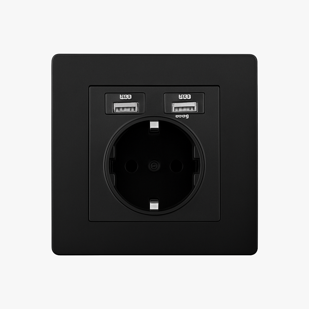 Prise électrique et double USB (Europe) en acier noir mat bords arrondis
