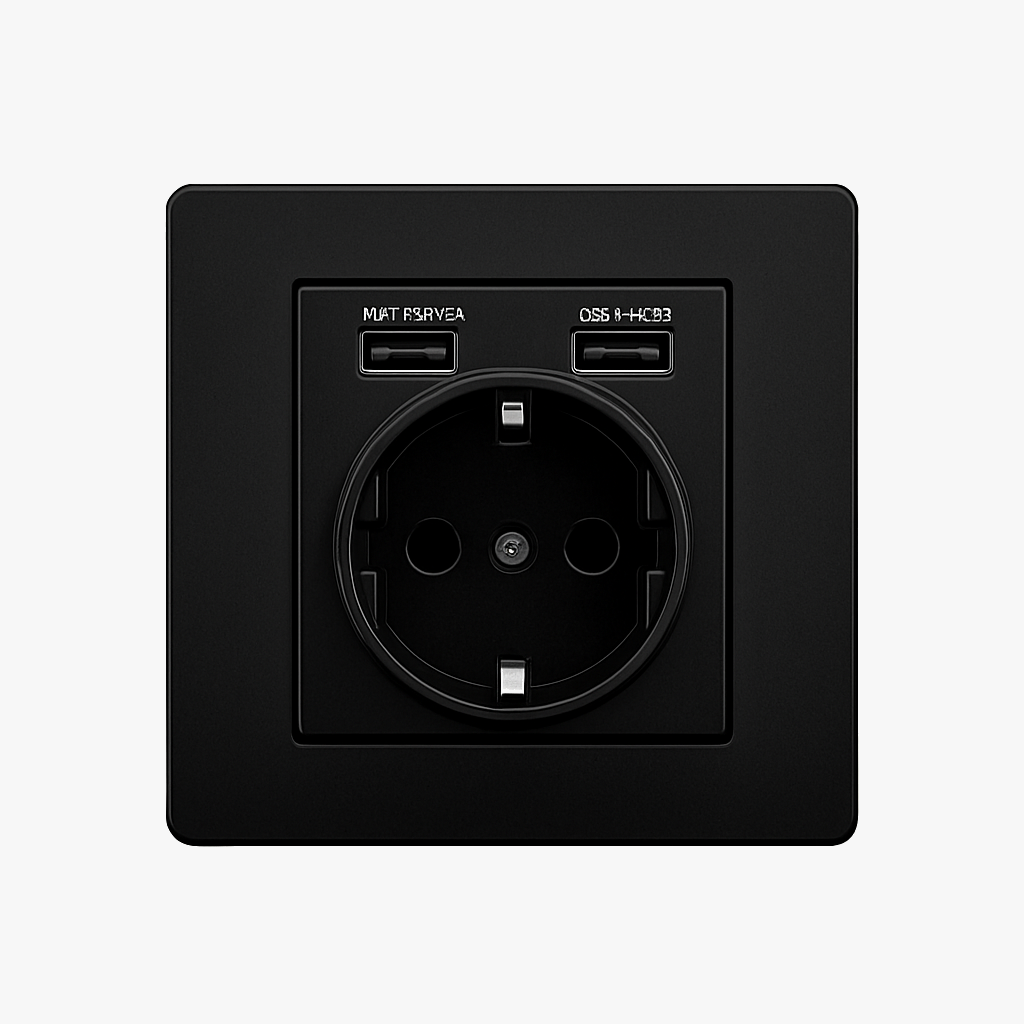 Prise électrique et double USB (Europe) en acier noir mat bords arrondis
