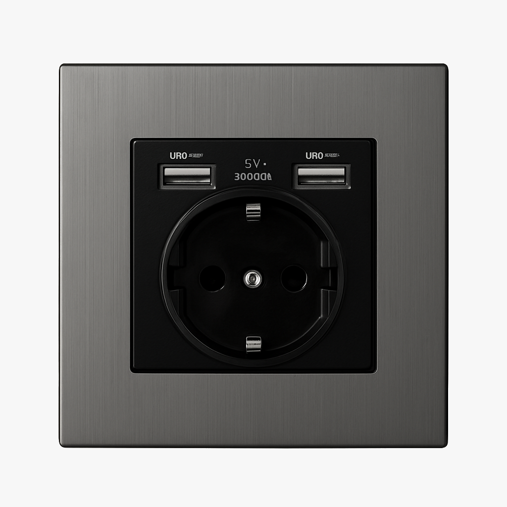 Prise électrique et double USB type C (Europe) en acier gris foncé brossé
