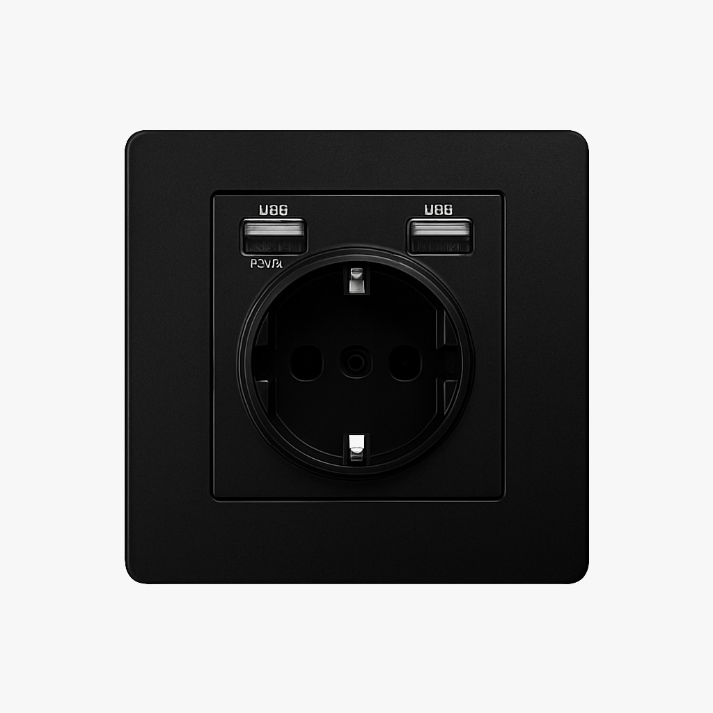 Prise électrique et double USB type C (Europe) en acier noir mat