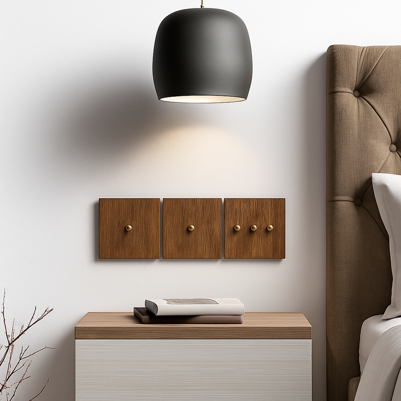 Prise TV en bois et vis dorées