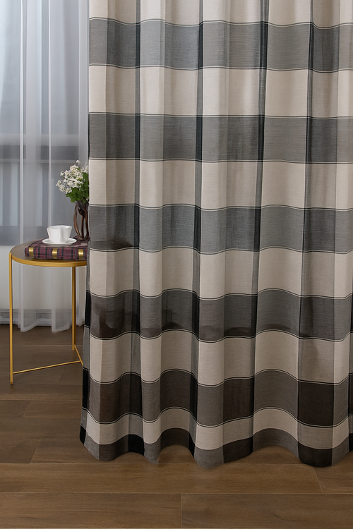 rideau transparent beige motif carreaux retro