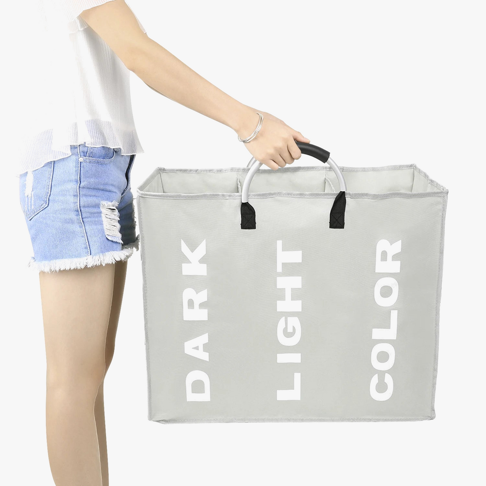 sac à linge pliable 3 sections trieur portable en tissu durable