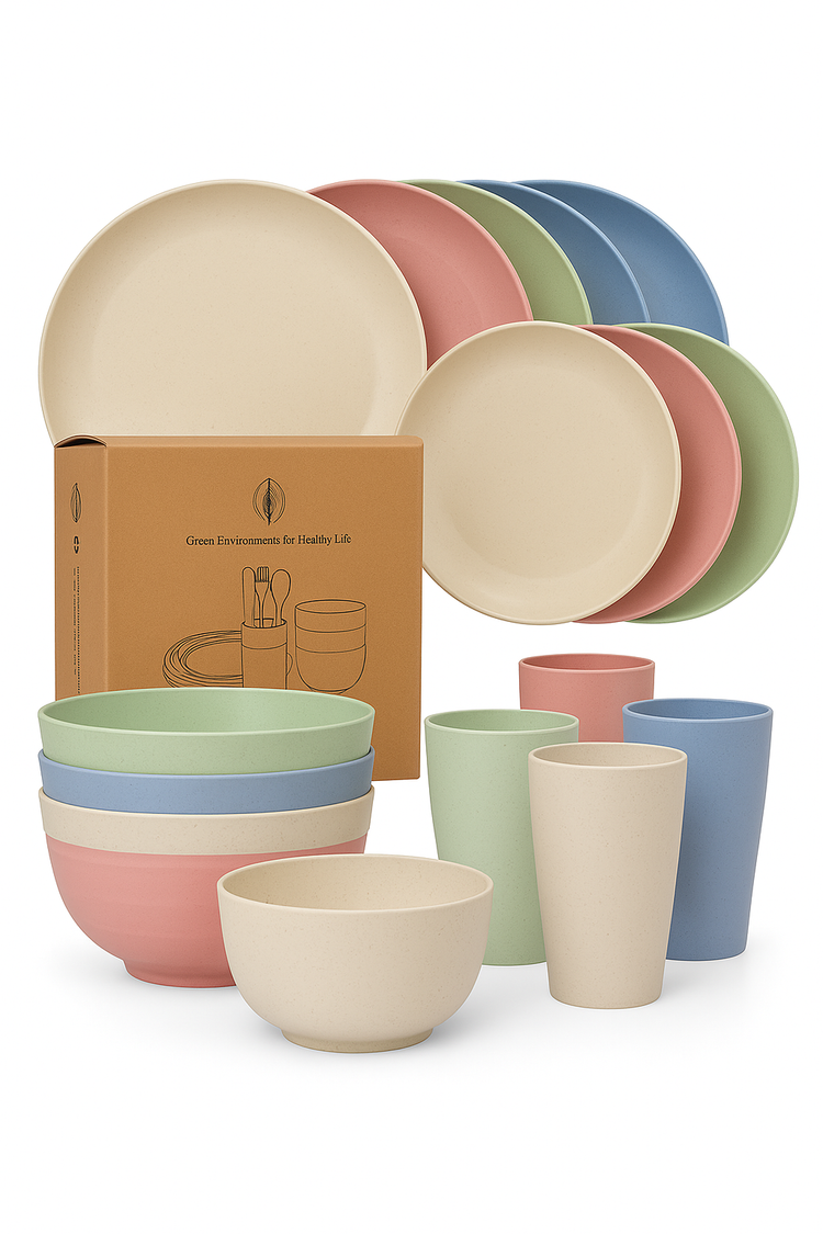 Service table paille blé assiettes bols tasses camping