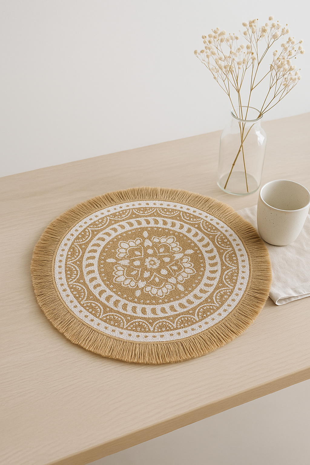 Set de table rond bohème tissé pompons jute