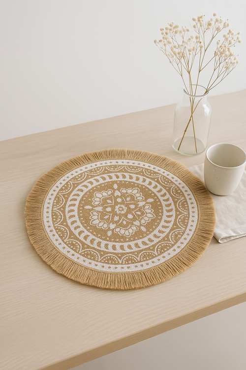 Set de table rond bohème tissé pompons jute - vue 2 sur 2