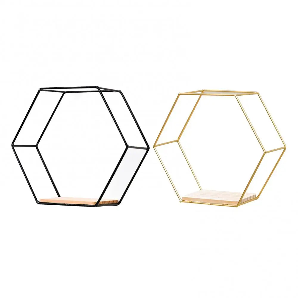 support de rangement en métal et bois étagère flottante hexagonale décorative