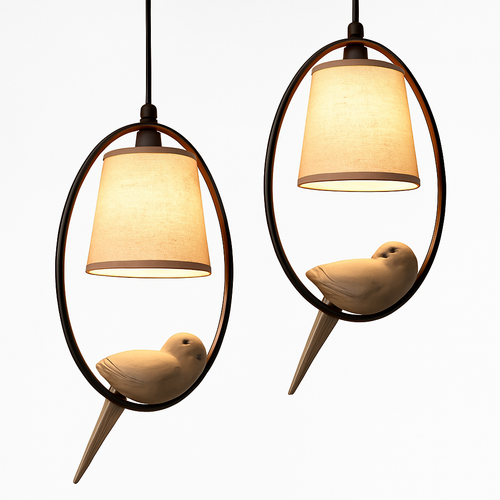 Suspension avec abat-jour et oiseau perché à LED - vue 2 sur 3