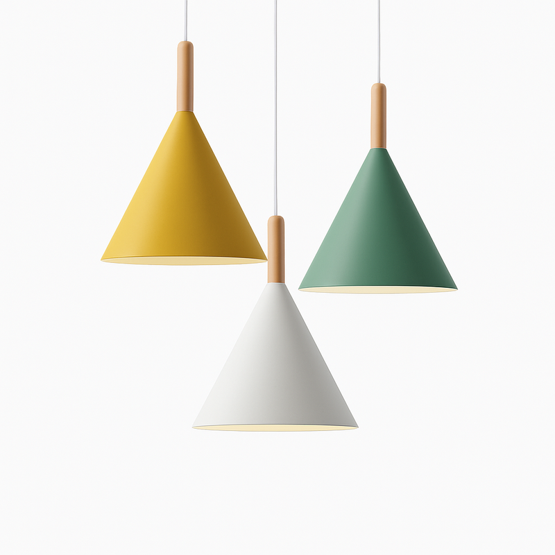 Conical pendant light in colored metal and wooden rod. Bar