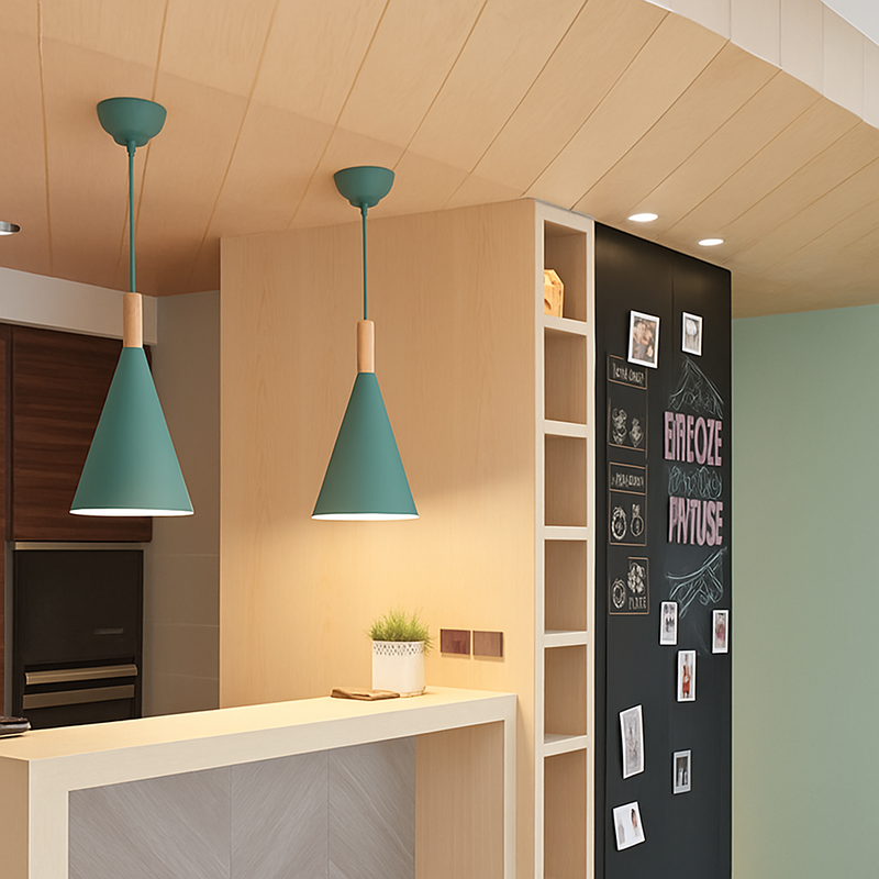 Suspension conique en métal coloré et tige en bois Bar