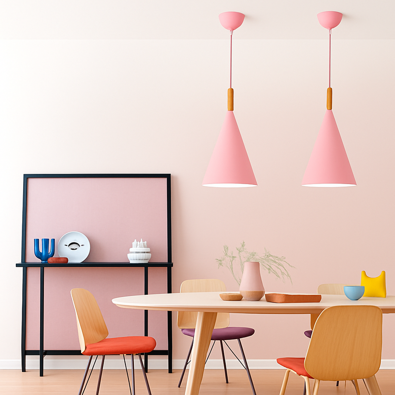Conical pendant light in colored metal and wooden rod. Bar