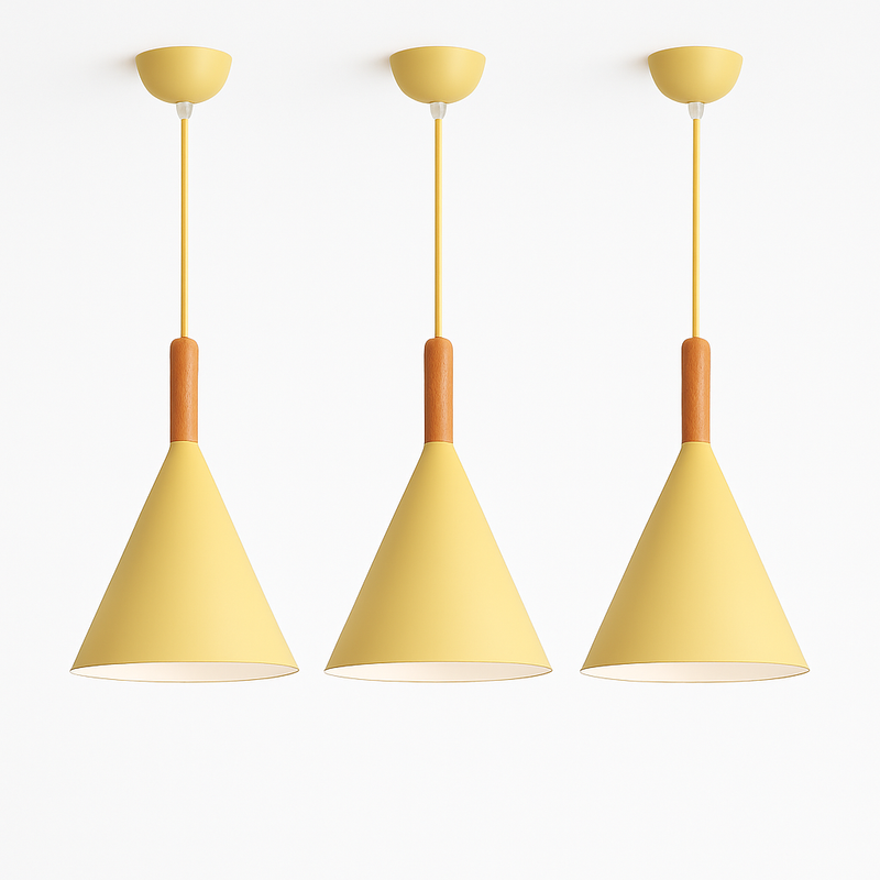 Conical pendant light in colored metal and wooden rod. Bar
