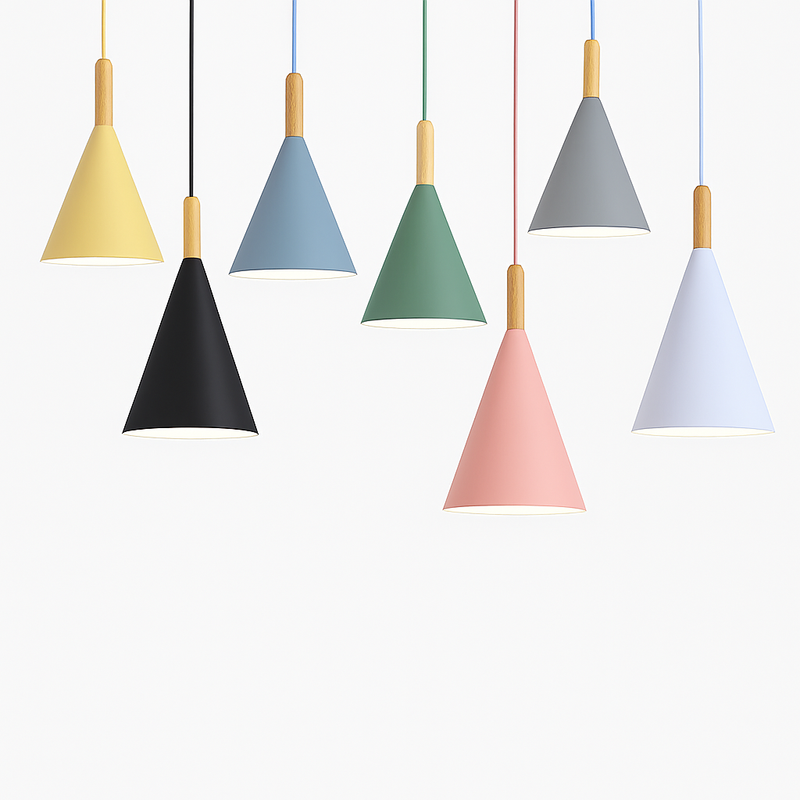 Suspension conique en métal coloré et tige en bois Bar