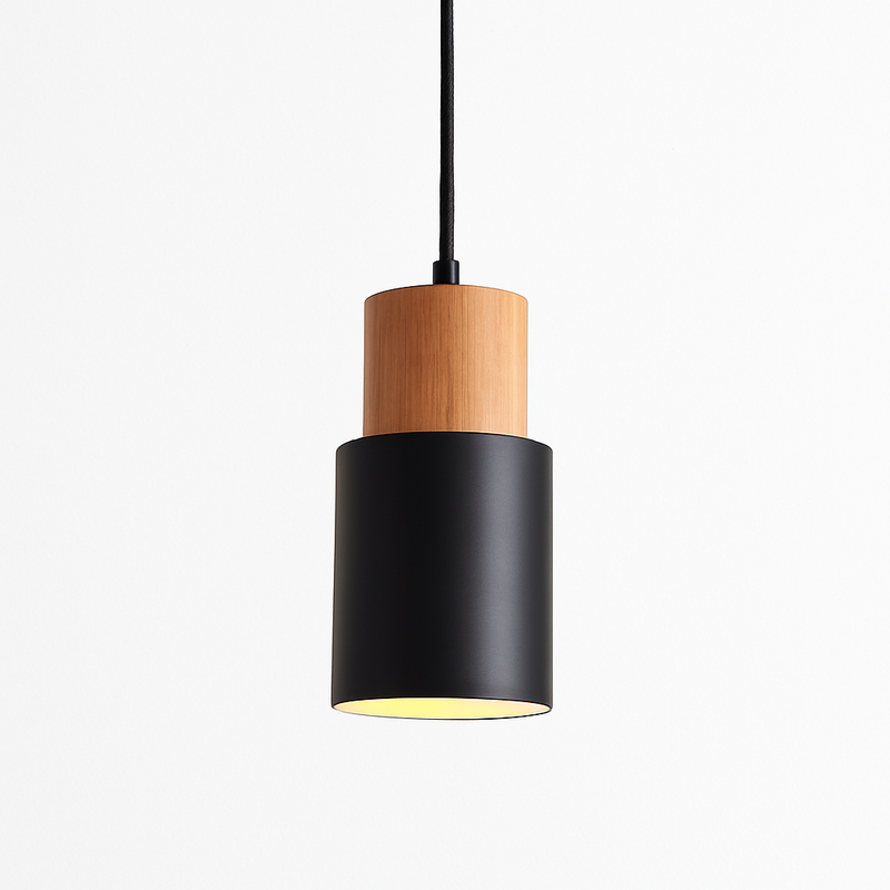 Cylindrical pendant light in wood and metal, wood color