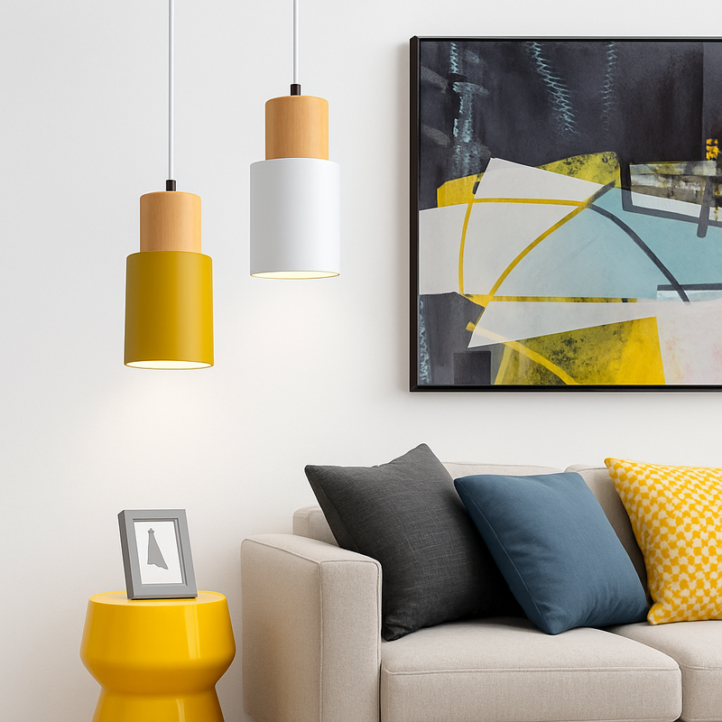 Cylindrical pendant light in wood and metal, wood color