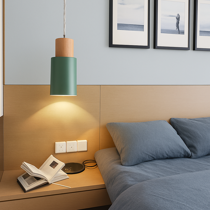 Cylindrical pendant light in wood and metal, wood color