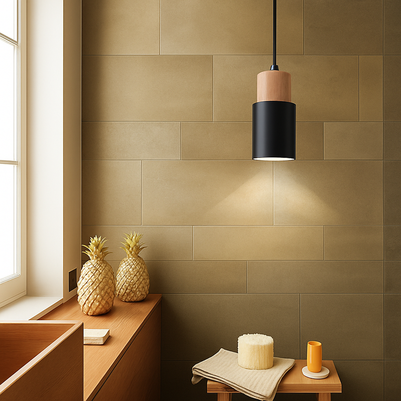 Cylindrical pendant light in wood and metal, wood color