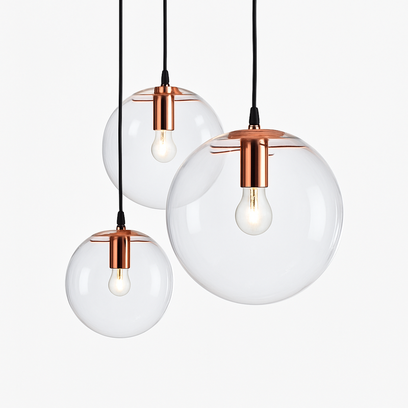 Designer glass ball pendant light with rose gold or black LED