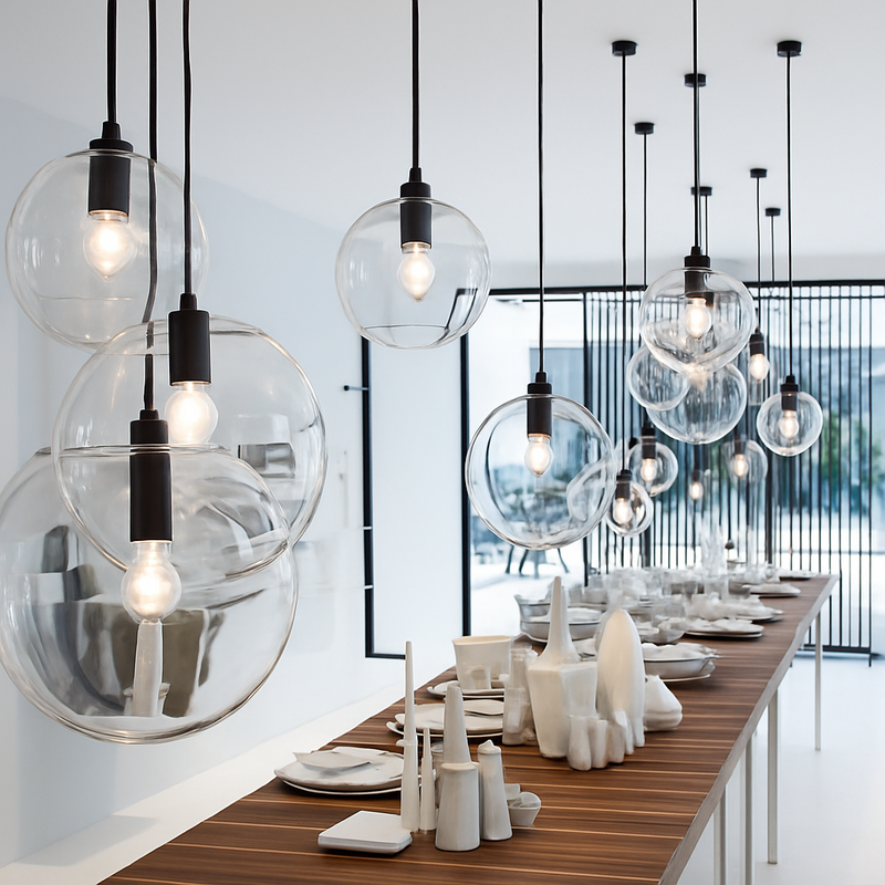 Designer glass ball pendant light with rose gold or black LED