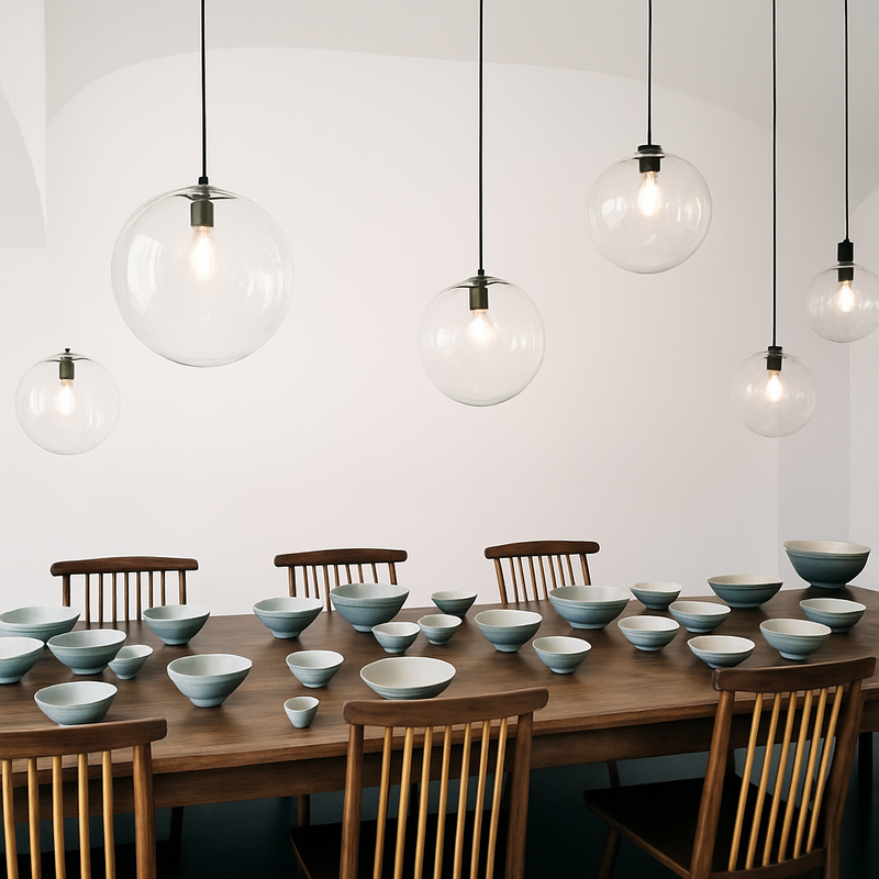 Designer glass ball pendant light with rose gold or black LED