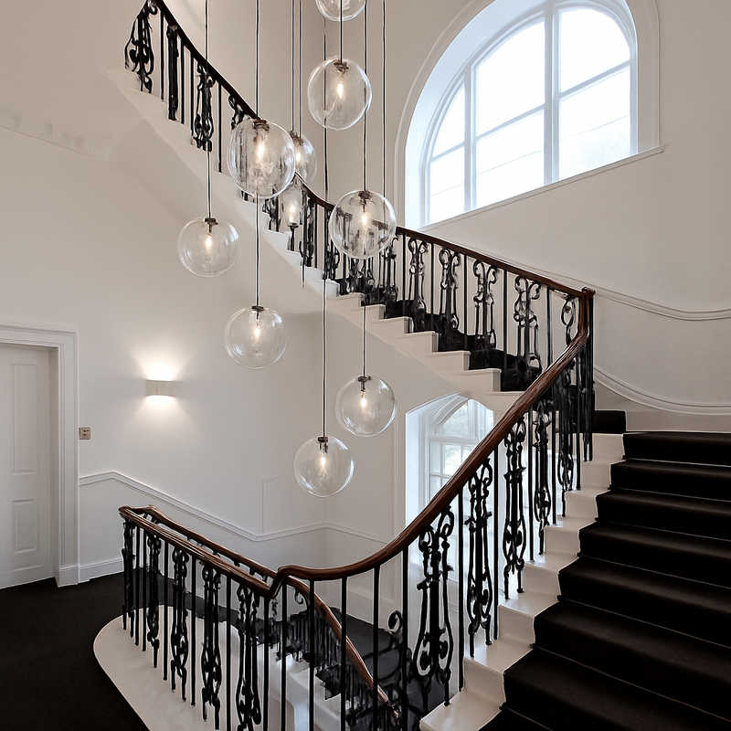 Designer glass ball pendant light with rose gold or black LED