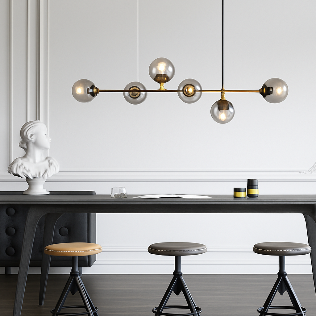Suspension design LED allongée avec plusieurs abats-jour métal - vue 5 sur 6