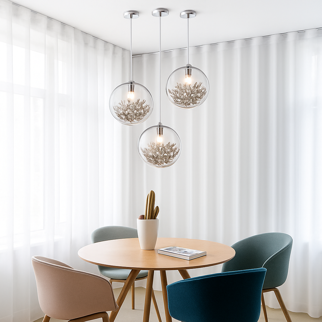 Suspension design LED boule en verre avec feuilles chromées intérieur - vue 4 sur 8