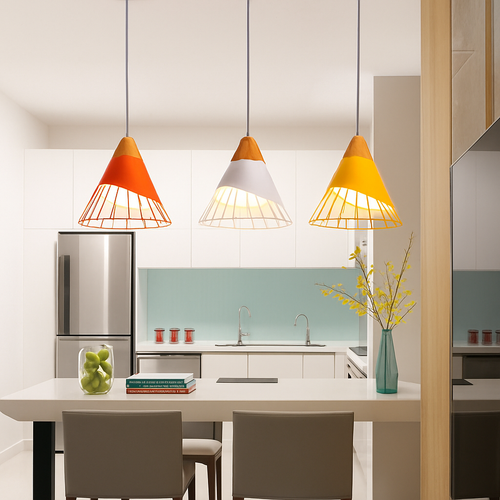 Suspension design LED en bois et cage de couleur - vue 3 sur 8