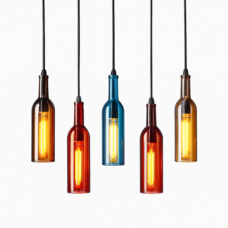 Suspension design à LED en forme de bouteille en verre de couleur