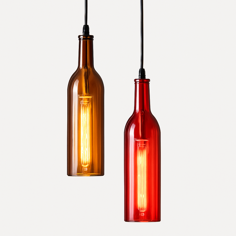 Suspension design à LED en forme de bouteille en verre de couleur