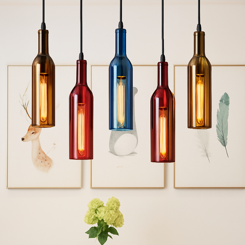 Suspension design à LED en forme de bouteille en verre de couleur