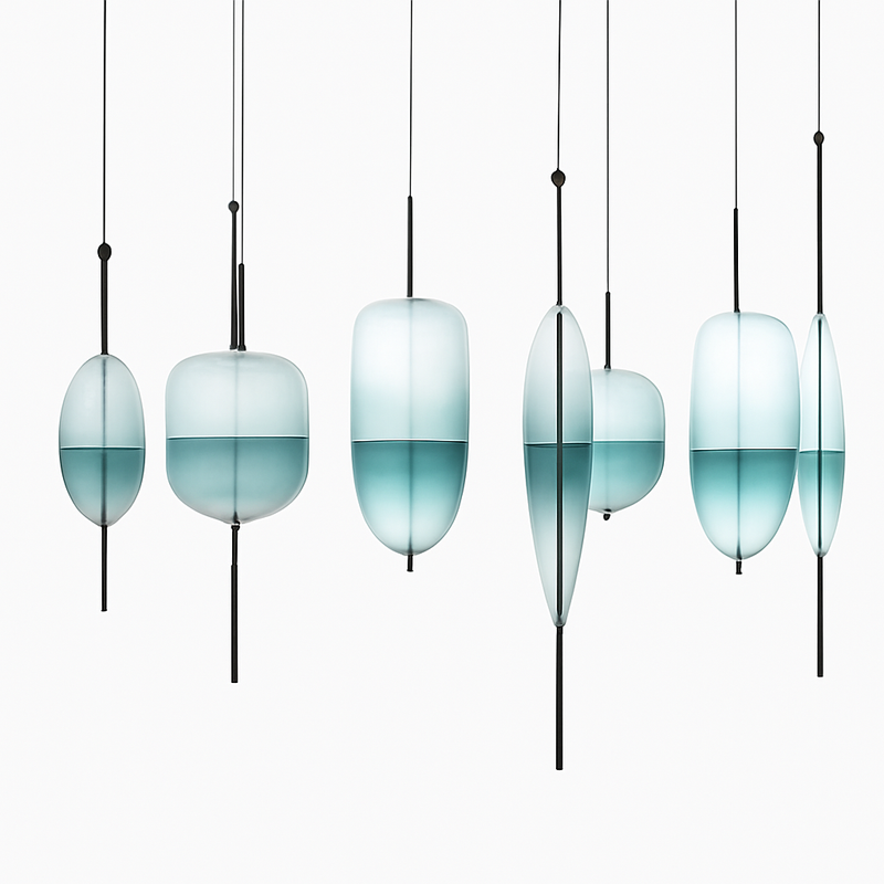 Suspension design LED en verre bleu de plusieurs formes