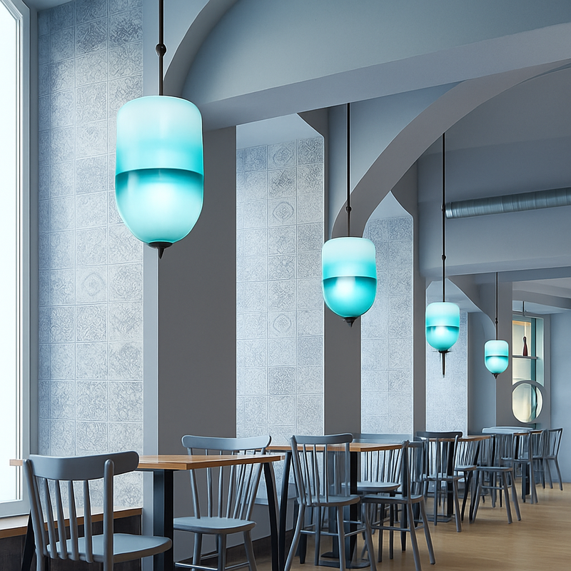 Suspension design LED en verre bleu de plusieurs formes