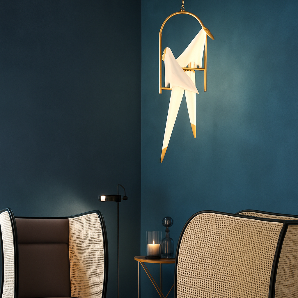 Suspension design LED oiseau dans cerceau doré - vue 4 sur 7