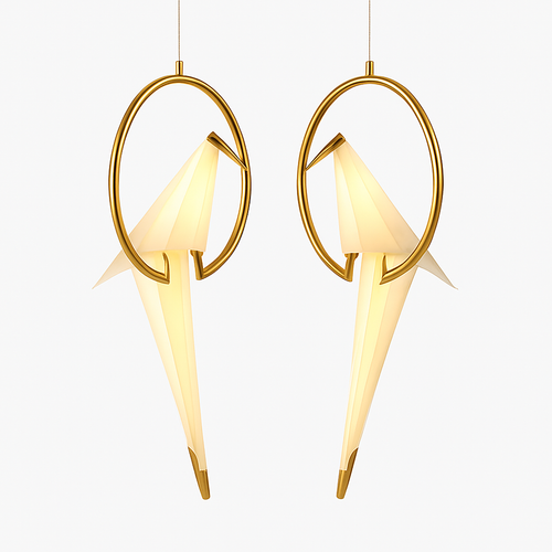 Suspension design LED oiseau dans cerceau doré